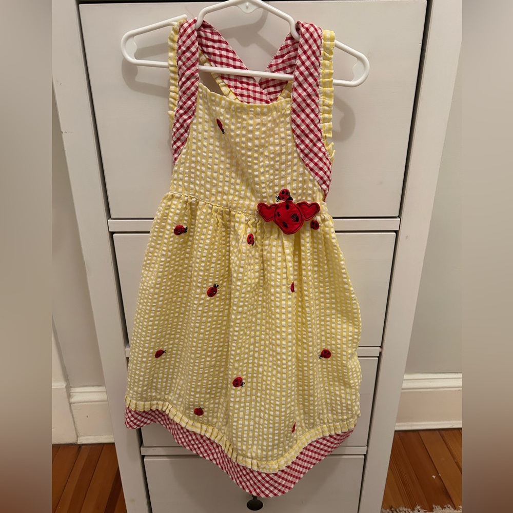 Summery yellow seersucker dress with ladybug appliqués, gingham trim. X back. 6X